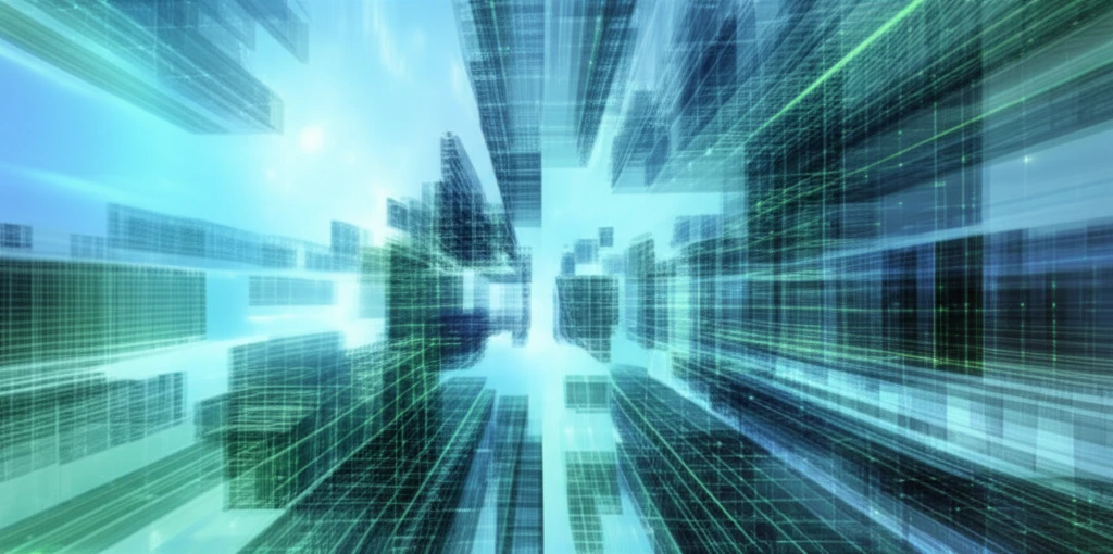 Futuristic cityscape with buildings reinforced by glowing glass fiber grids.