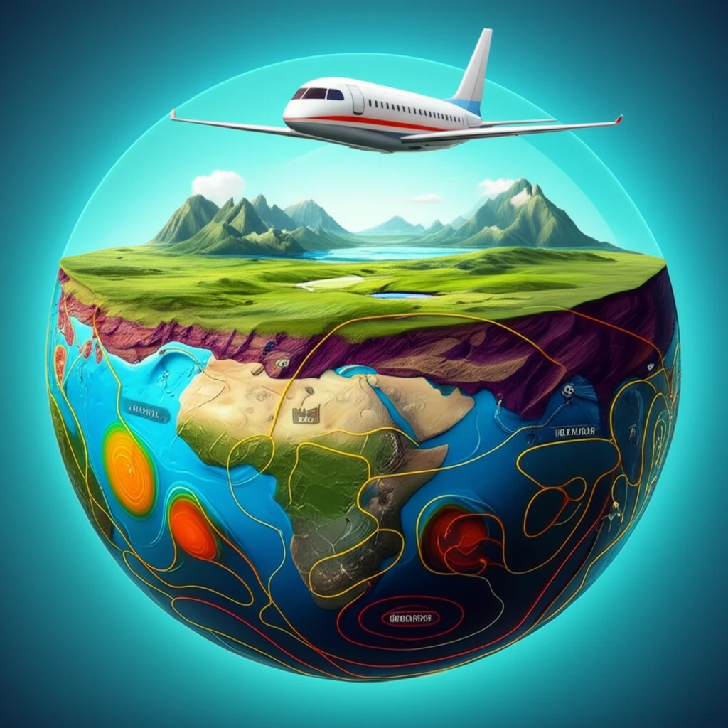Cross-section of Earth revealing geological formations with an airplane conducting a geophysical survey.
