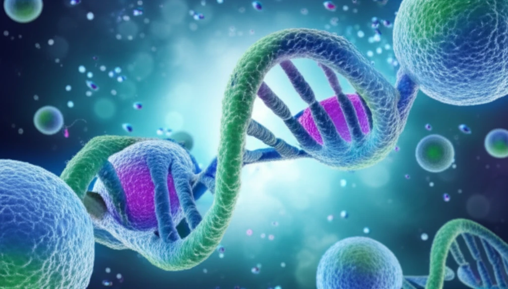 Microscopic view of cells and DNA, symbolizing surgical pathology and personalized medicine.