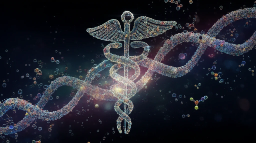 Intertwined DNA strands forming a caduceus symbol, with glowing molecules floating around it.