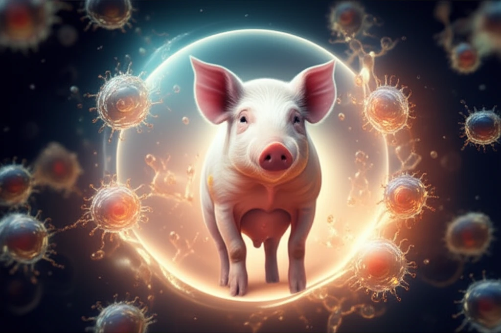 A healthy piglet protected by an immune shield, symbolizing enhanced vaccine efficacy against PRRSV.