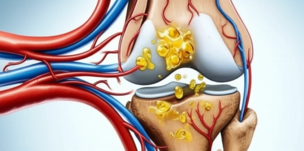 Illustration of fat globules entering the bloodstream from a knee joint, representing fat embolism syndrome.