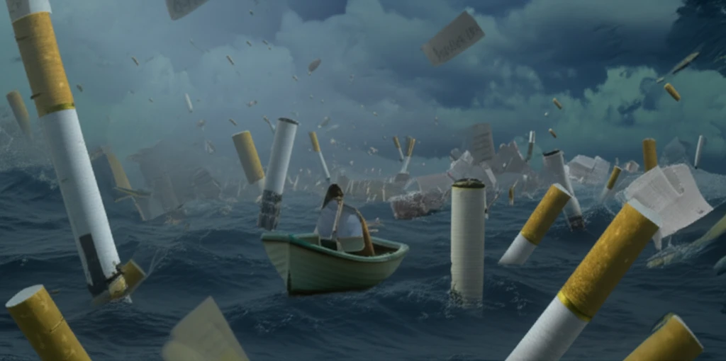 Surreal illustration of a researcher navigating a stormy sea of cigarettes and papers.