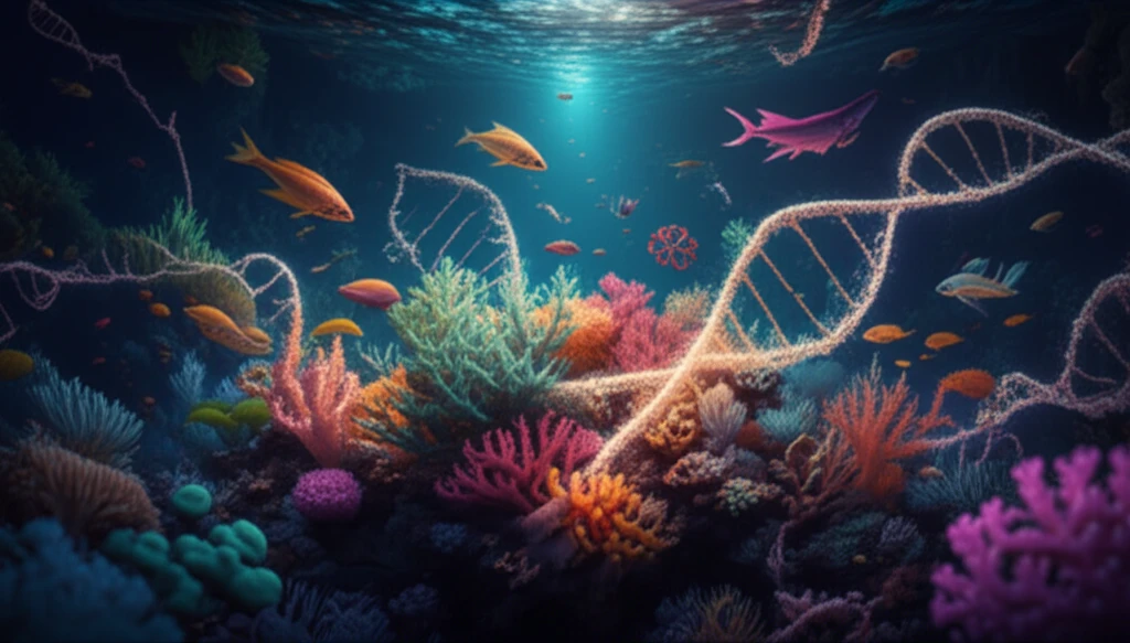 Illustration of a coral reef with DNA strands symbolizing the holobiome concept
