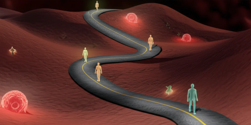 Surreal depiction of melanoma landscape with neutrophil and lymphocyte figures.