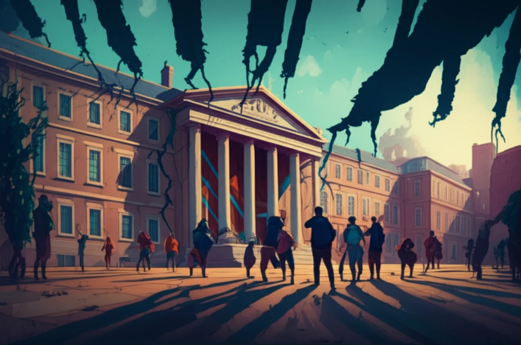 Symbolic illustration of a university under threat, representing the fight for academic freedom.
