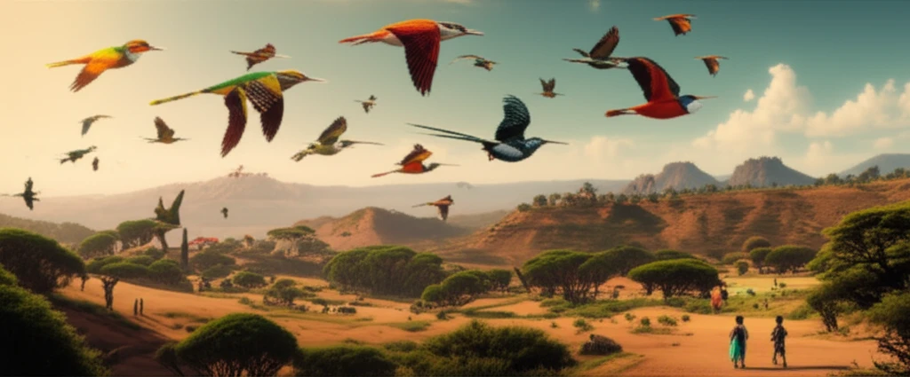 Diverse bird species flying over Ethiopian landscape symbolizing avitourism.