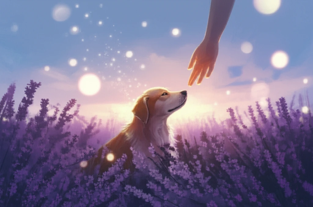 Serene dog in a lavender field, symbolizing hope and healing.