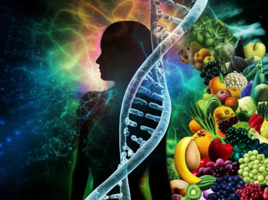 DNA strand intertwining with a human silhouette, surrounded by healthy foods.