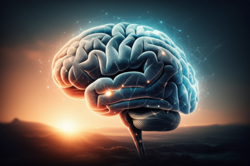 Brain with interconnected pathways lighting up after traumatic brain injury.