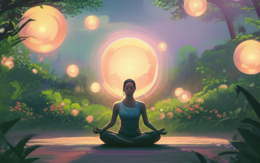 Serene individual meditating in a glowing garden, symbolizing mindfulness and well-being.