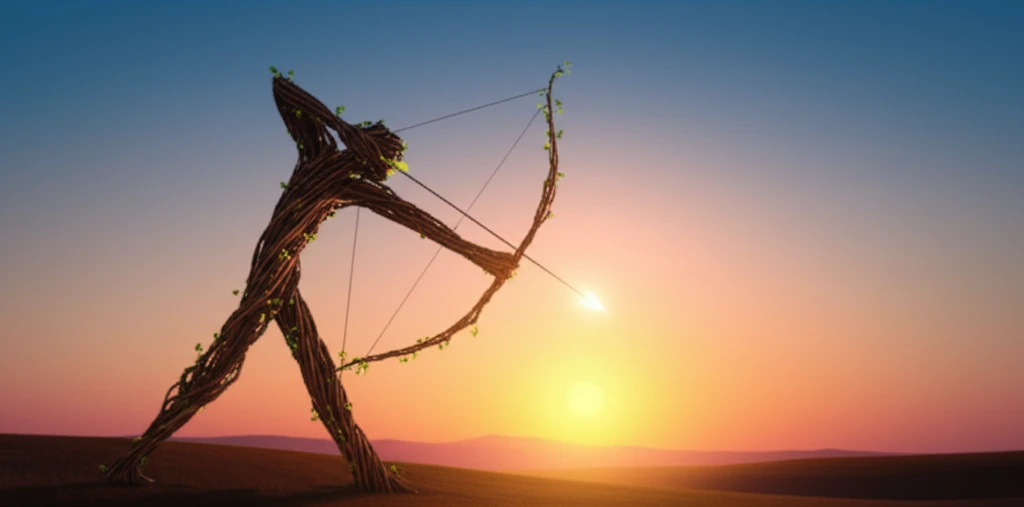 Person bending like bow and arrow, aiming towards sunrise, symbolising resilience.