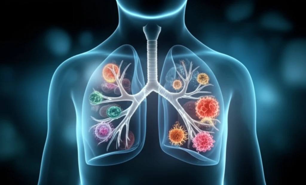 Surreal illustration of a child's lung intertwined with viruses and inflammatory cells, symbolizing the complex relationship between infection and asthma.