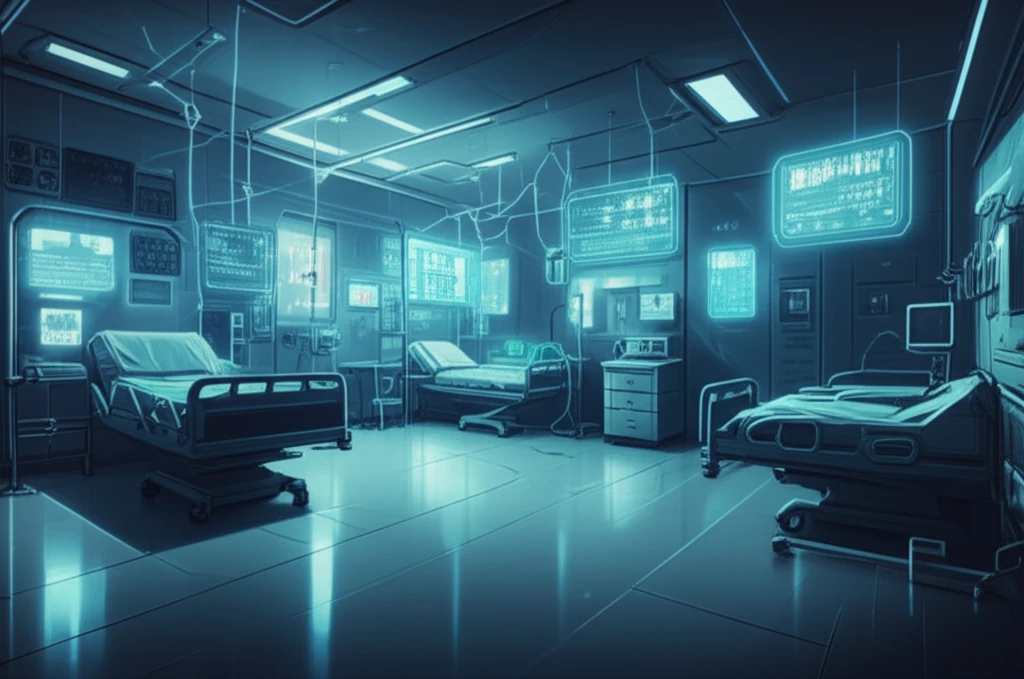 Futuristic hospital room with holographic patient data displays.