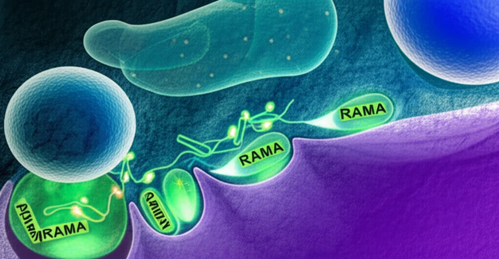 Illustration of PfSortilin proteins escorting RAMA proteins within a malaria parasite cell.