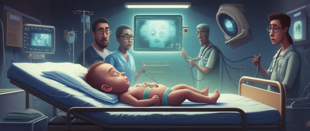 Worried parents and medical staff surrounding a baby with a subtle abdominal swelling, symbolizing the challenges of diagnosing duodenal obstruction.