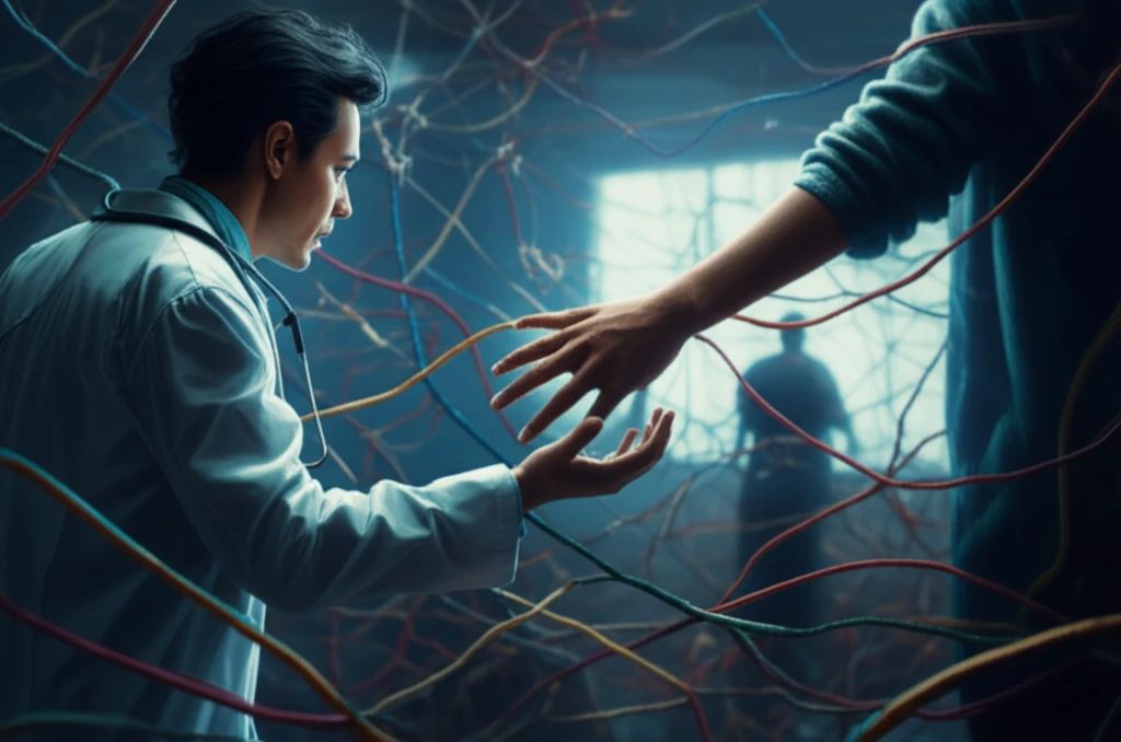 Communication barrier between doctor and patient. A web of thread separates them.