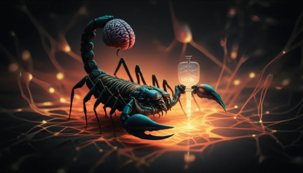 A scorpion with a brain-shaped stinger injecting a glowing substance into a neural network, symbolizing the potential of scorpion venom in treating brain disorders.