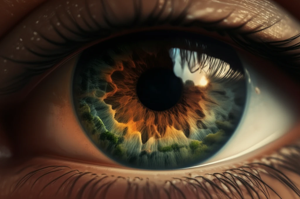 Stylized image of an eye transforming into a healthy landscape, symbolizing diabetic retinopathy prevention.