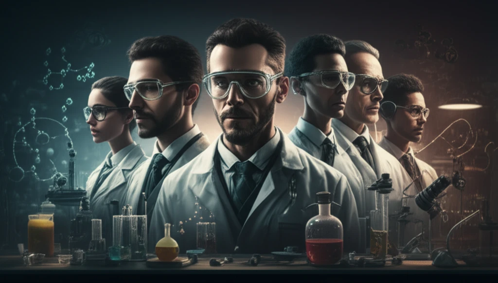 A collage of faces representing chemists from different eras, blended with chemical structures and lab equipment.