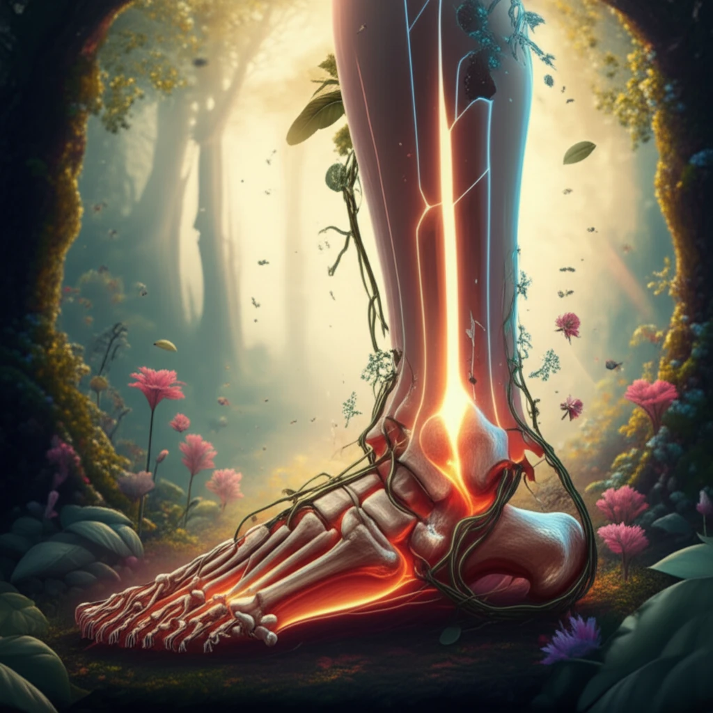 Surreal image of a shattered heel reforming in nature, symbolizing calcaneus fracture recovery.