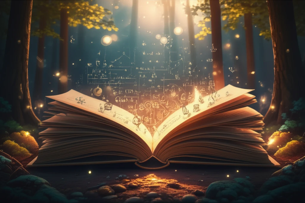 Open book in a forest with glowing fireflies representing adjectives illuminating scientific concepts.