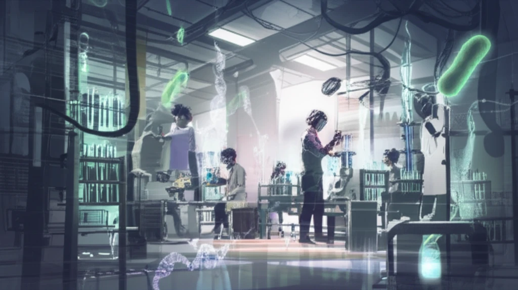 Futuristic lab with scientists engineering glowing bacteria using DNA manipulation, symbolizing synthetic biology's potential.