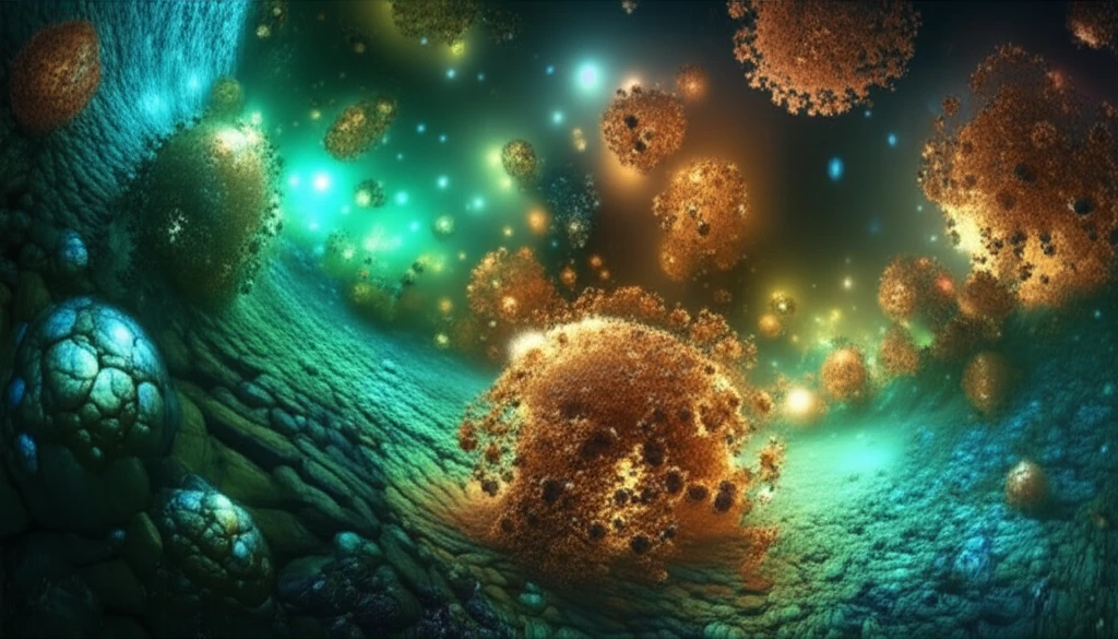 Microscopic view of liver cells transforming into an abstract landscape
