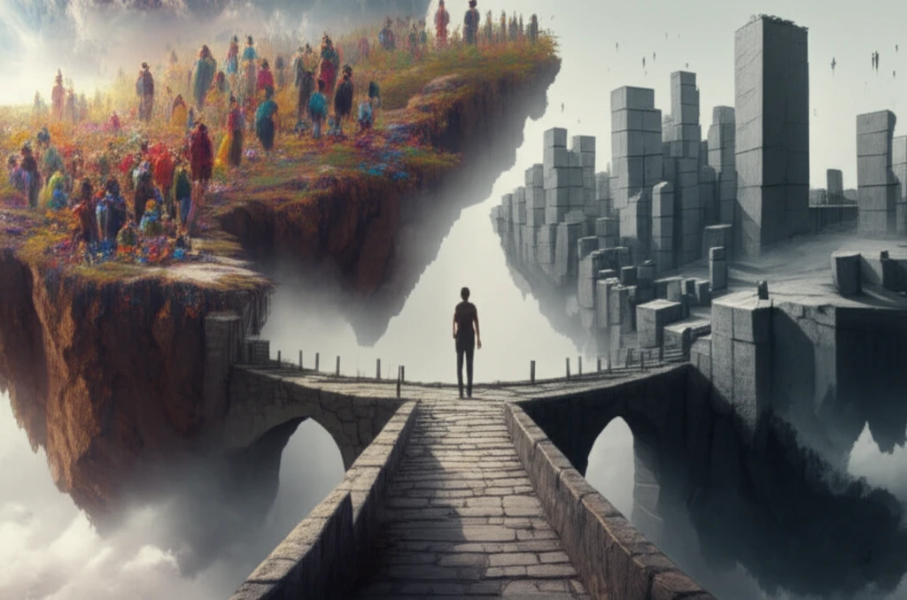 Bridge connecting a colorful island representing sexual diversity with a gray, sterile island, symbolizing the choice between medicalization and acceptance.