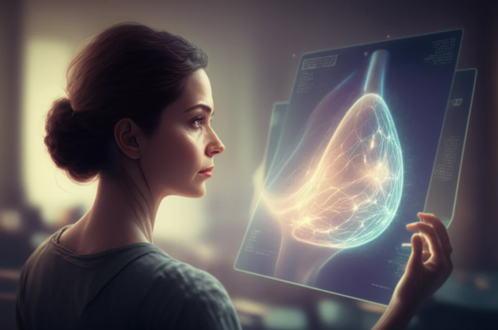 Stylized mammogram image representing breast tissue density, with a supportive environment.