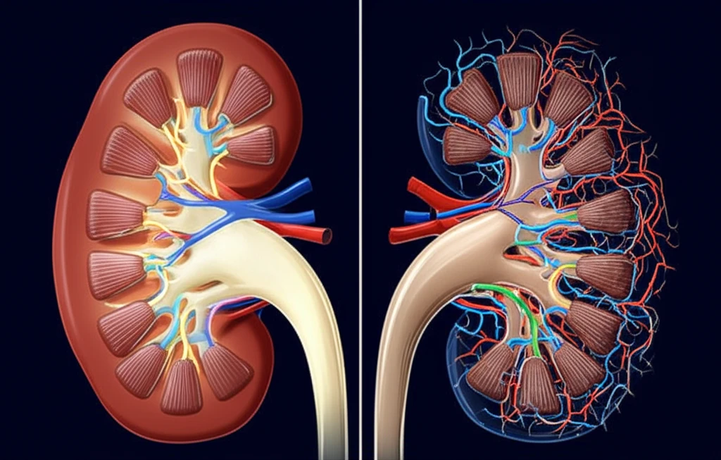 Healthy kidney with interwoven light pathways contrasting against a damaged kidney.