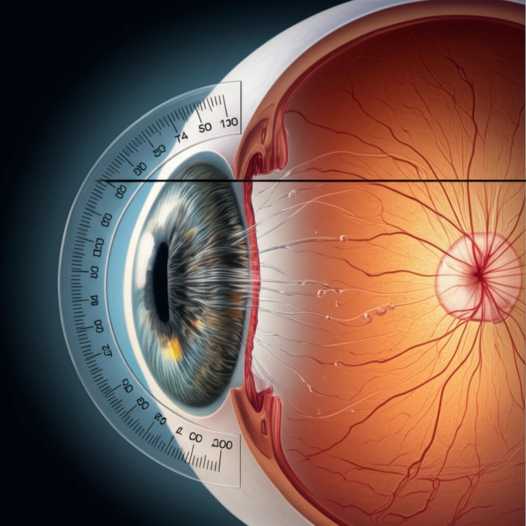 Illustration of an eye with vitreomacular traction, highlighting the vitreous adhesion angle.