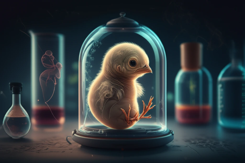 Chick embryo developing ex ovo in a sterile lab environment, symbolizing advancements in developmental biology.