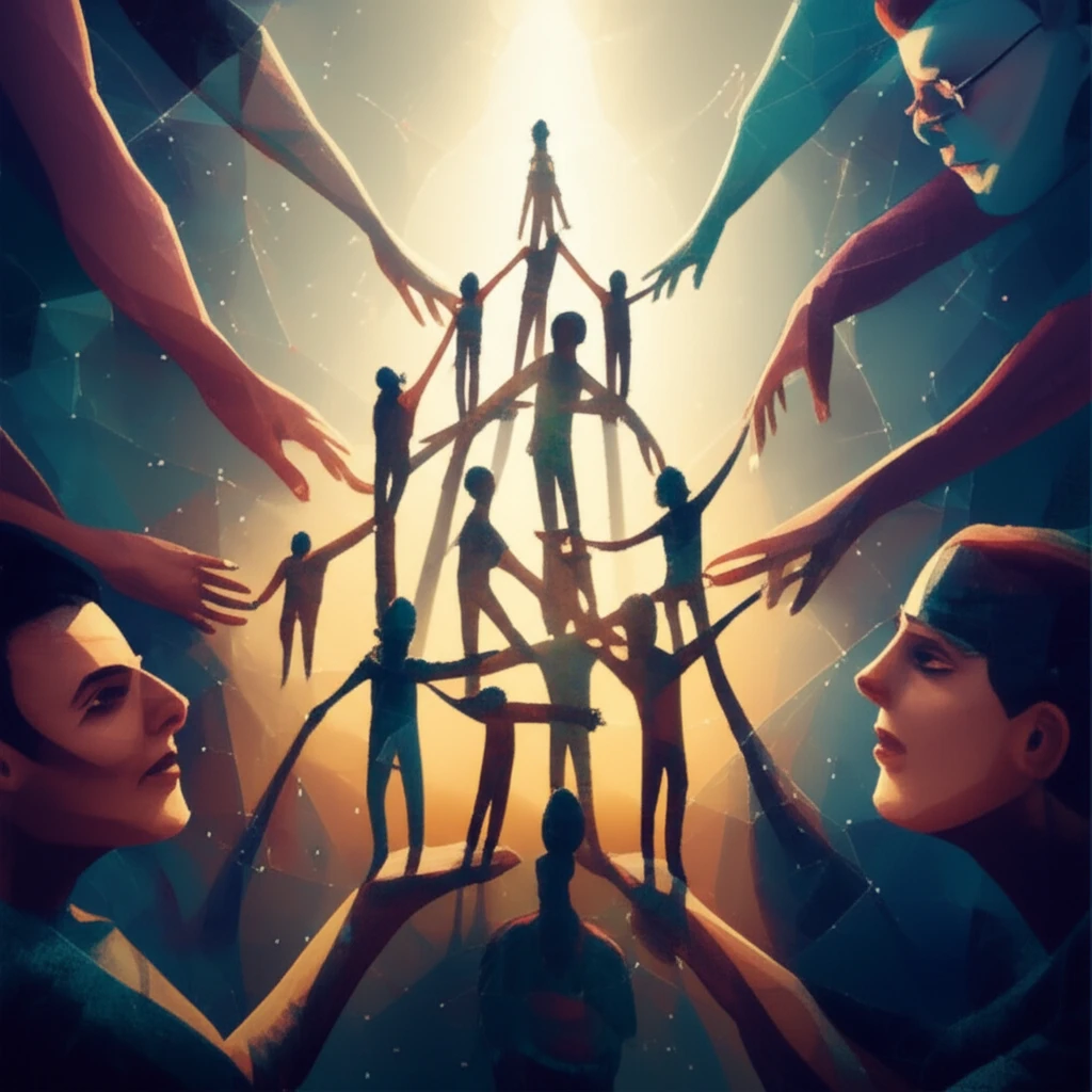 Diverse people connecting, light overcoming shadow.