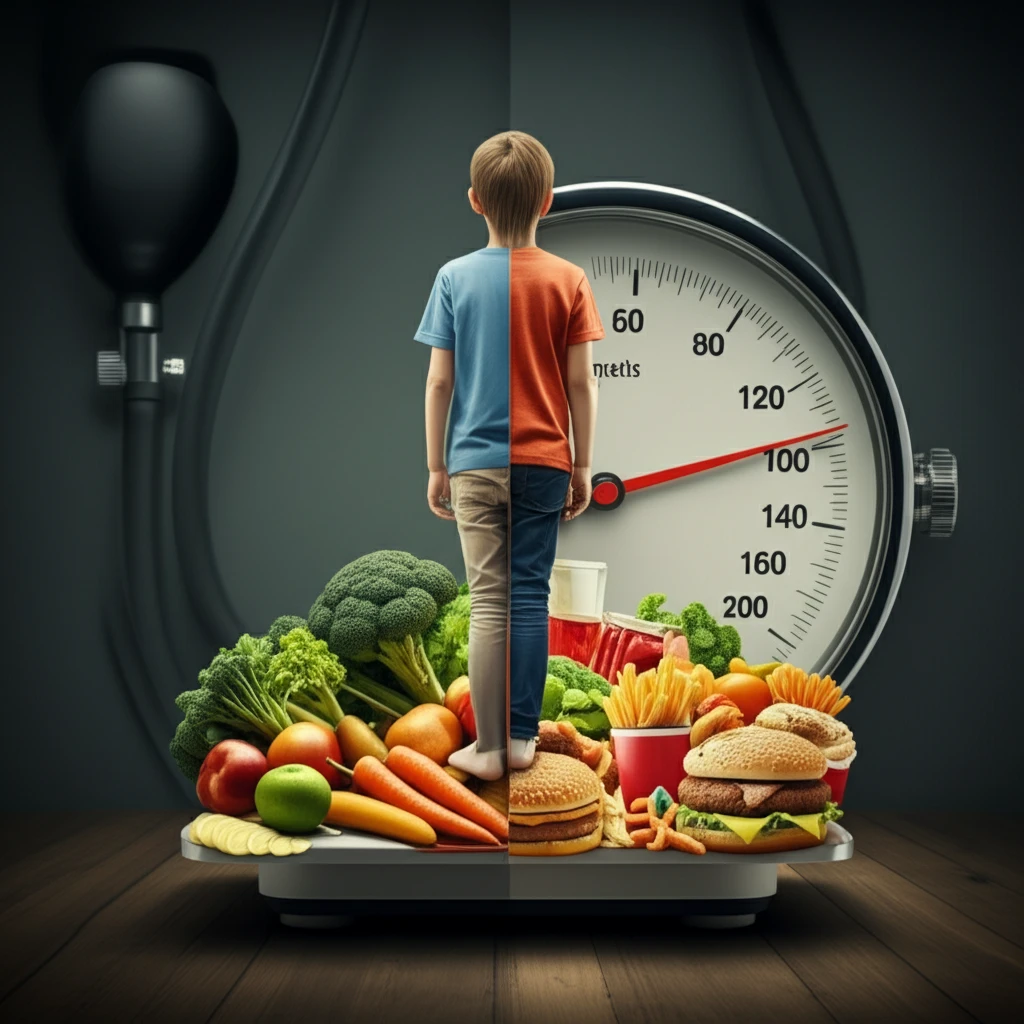 Illustration symbolizing the connection between childhood obesity, blood pressure, and diet.
