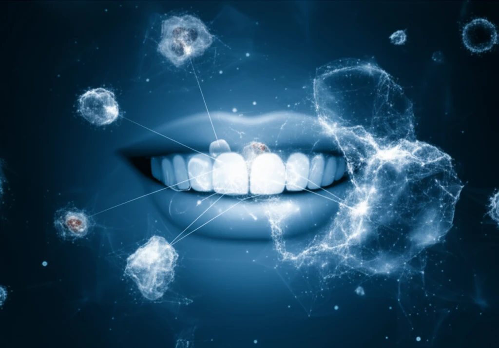 Surreal illustration of a healthy mouth surrounded by constellations of oral pathologies, symbolizing diagnostic journeys.