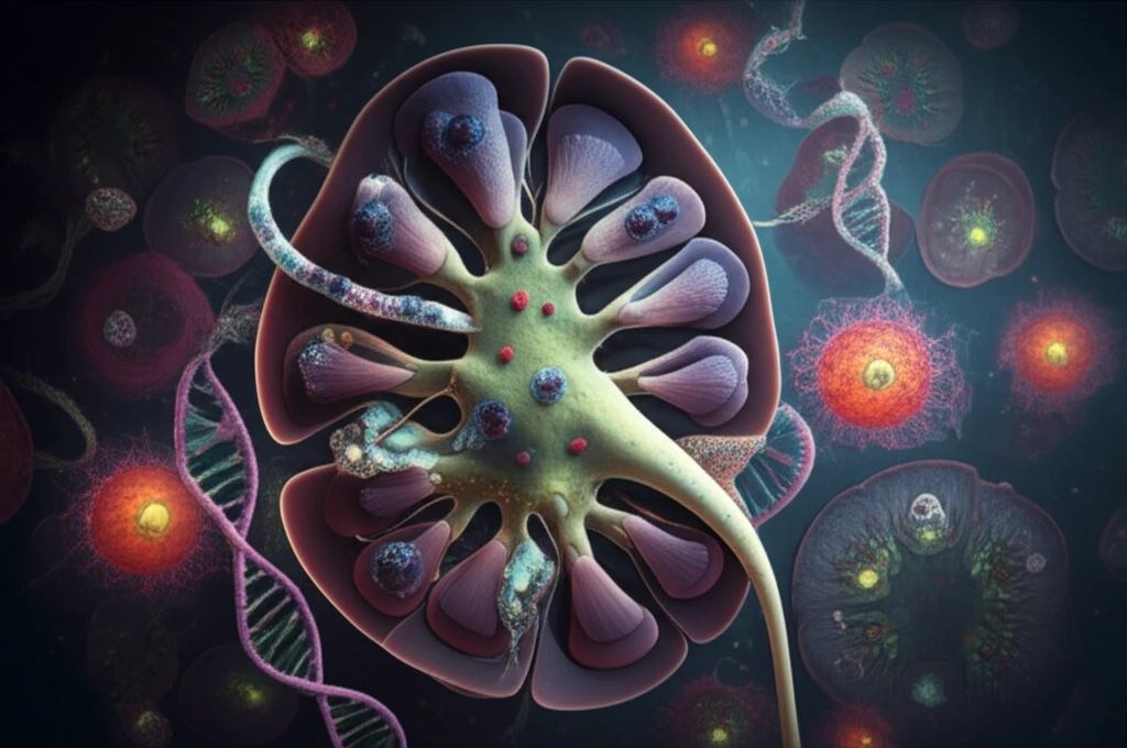 Microscopic view of a kidney biopsy showing T cells and B cells in the context of ANCA-associated vasculitis.