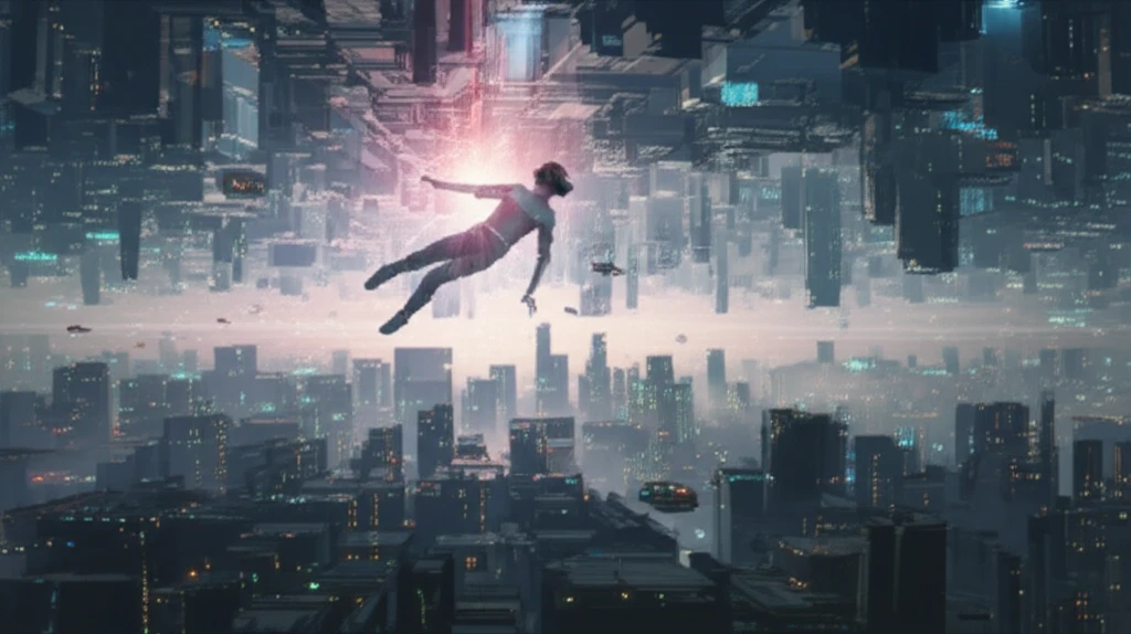 Person wearing VR headset soaring above city, embodying empathy.