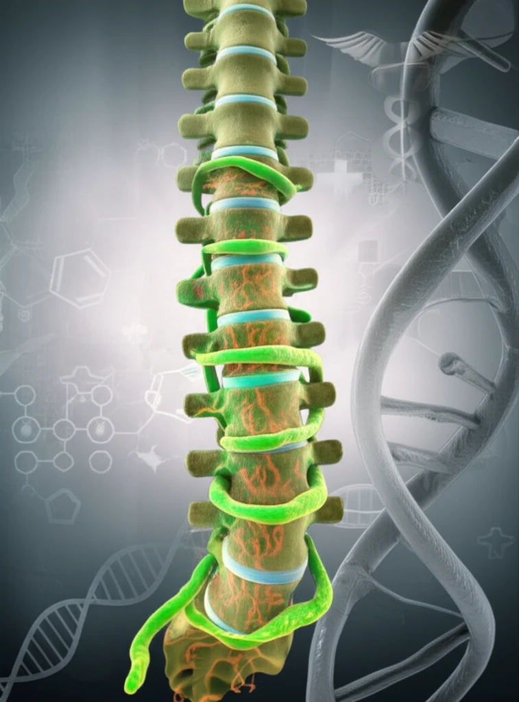 Surreal image of a soldier's spine transforming into fluorescent bacteria, symbolizing a rare infection.