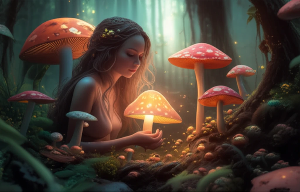 Woman holding a glowing mushroom in a forest