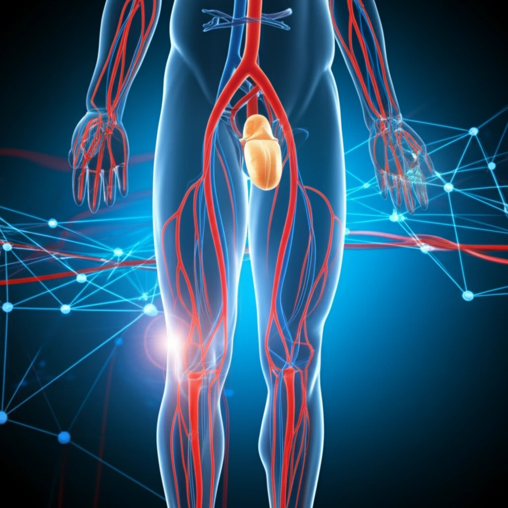 Surreal illustration depicting the connection between leg veins and penile blood flow, highlighting the potential impact of venous ablation on glans penis tumescence.