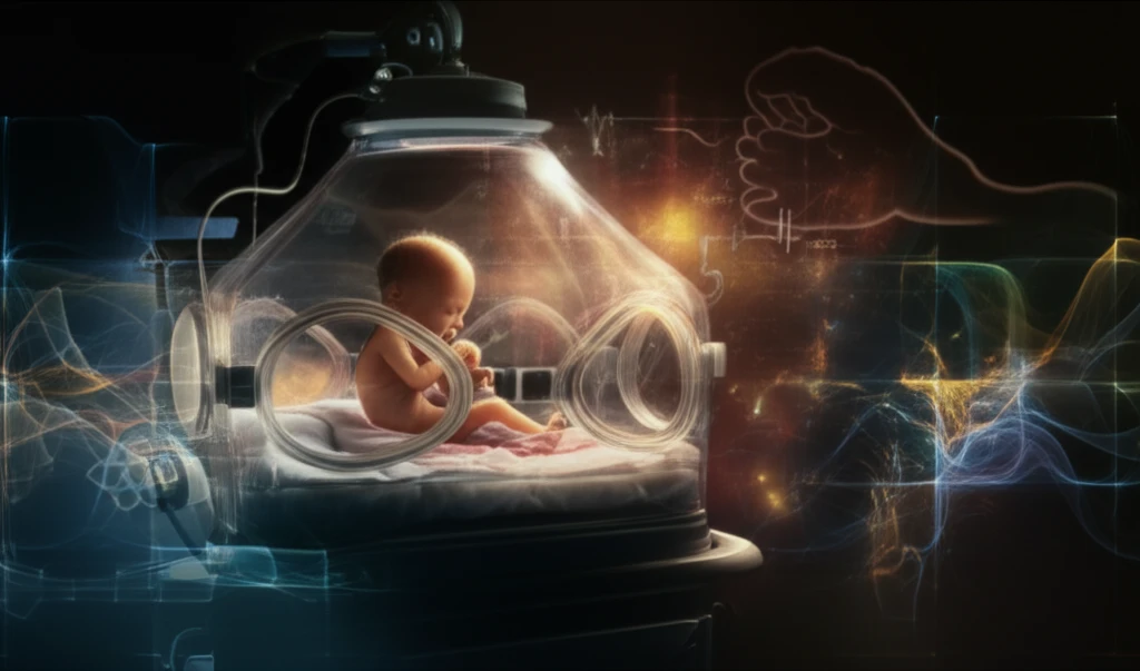 Illustration of a premature infant in an incubator, symbolizing neonatal care and medical intervention.