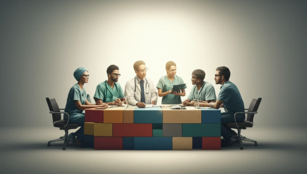 Healthcare team collaboratively discussing patient care improvements.