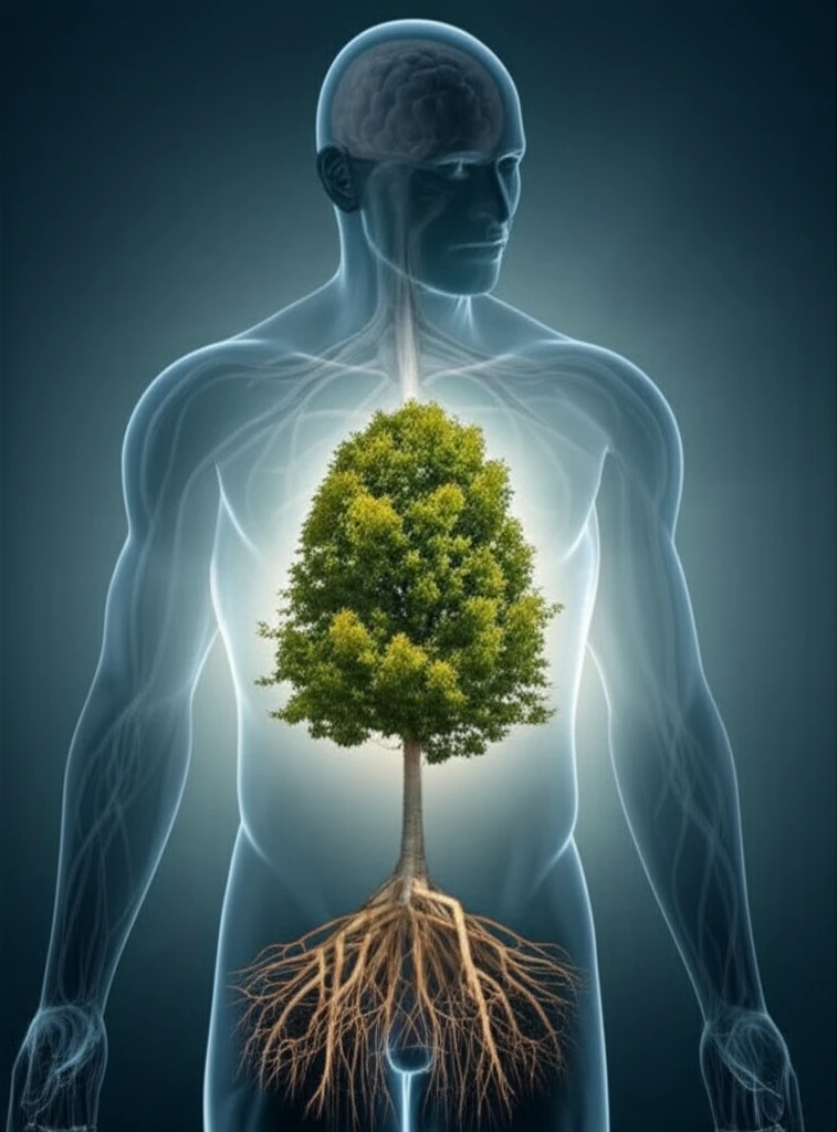 Tree of life inside human torso, symbolizing stem cell transplant healing.