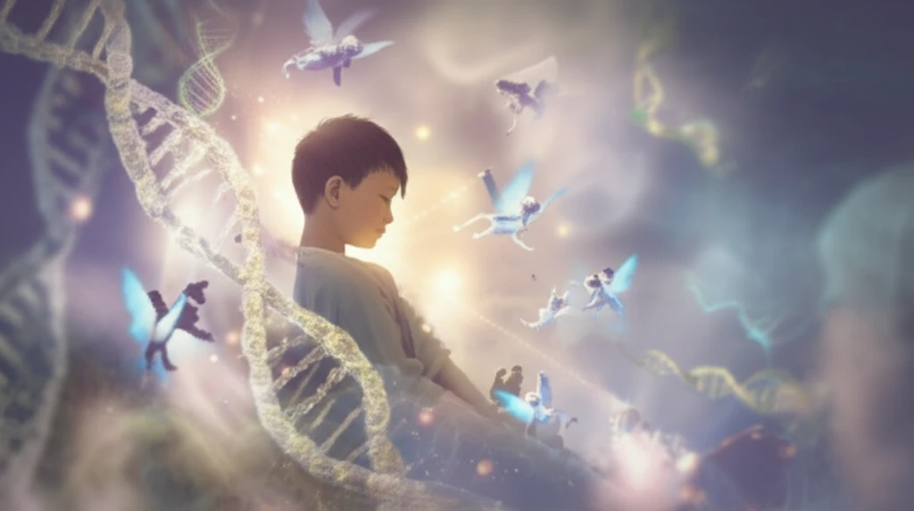 Surreal illustration of a child surrounded by DNA strands and angelic figures, symbolizing Angelman Syndrome research.