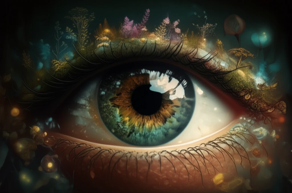 Illustration of a healthy eye transforming with natural elements representing cataract prevention.