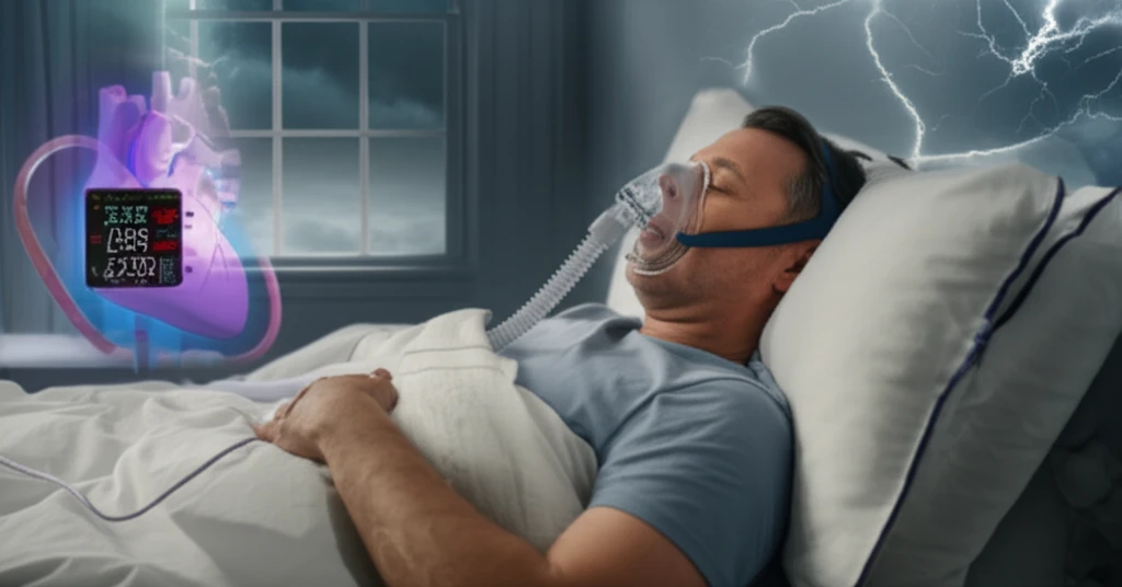 Illustration of a person using CPAP therapy to manage sleep apnea and hypertension.