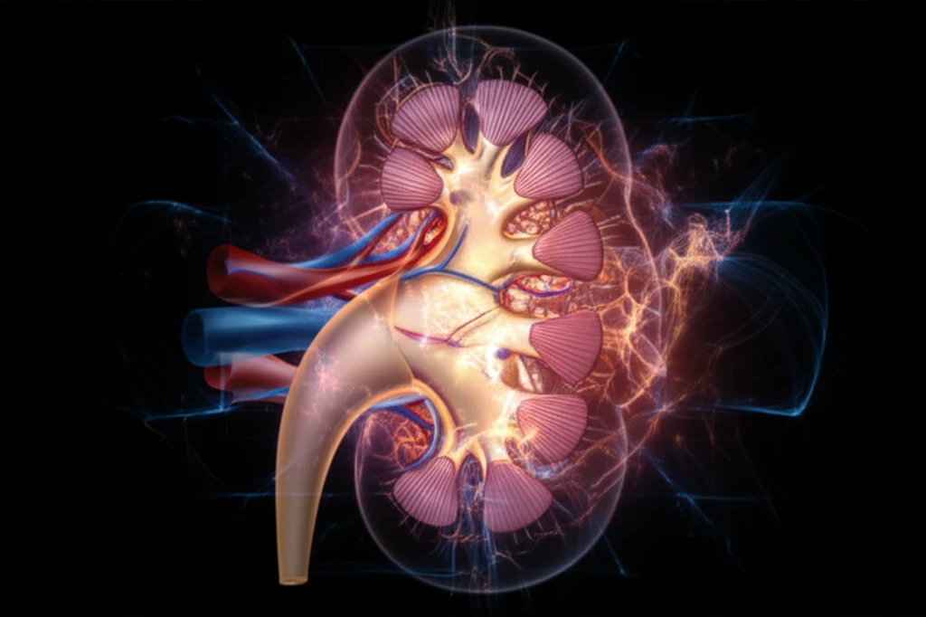 Stylized kidney with glowing pathways representing methylglyoxal levels.