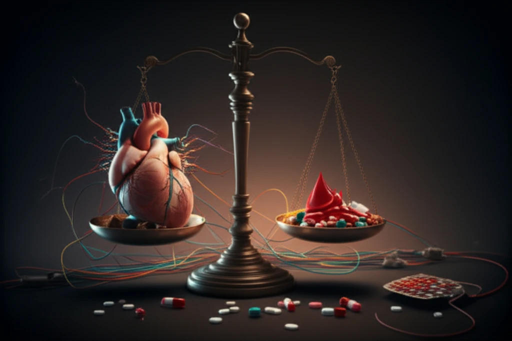 Heart intertwined with wires and pills, balancing blood clots and bleeding, symbolizing AFib treatment.