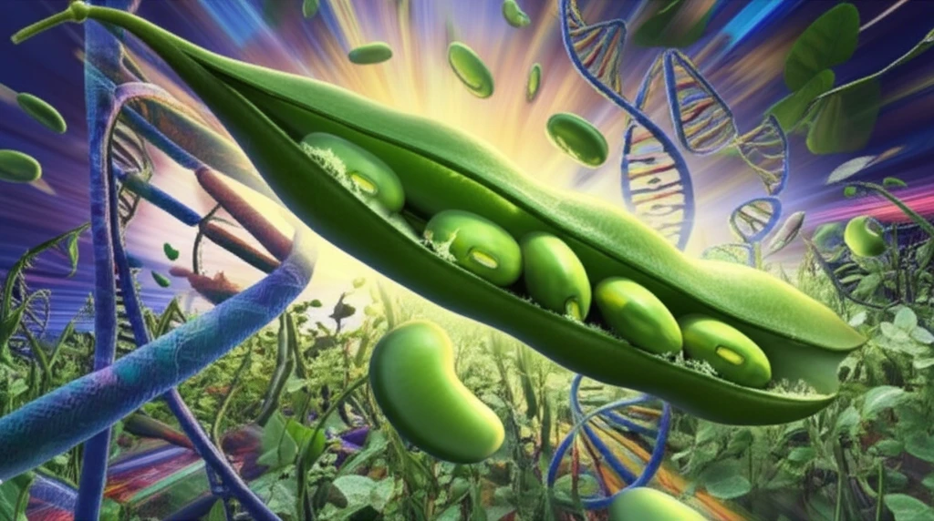 Bean pod shattering, scattering seeds amid a DNA landscape.